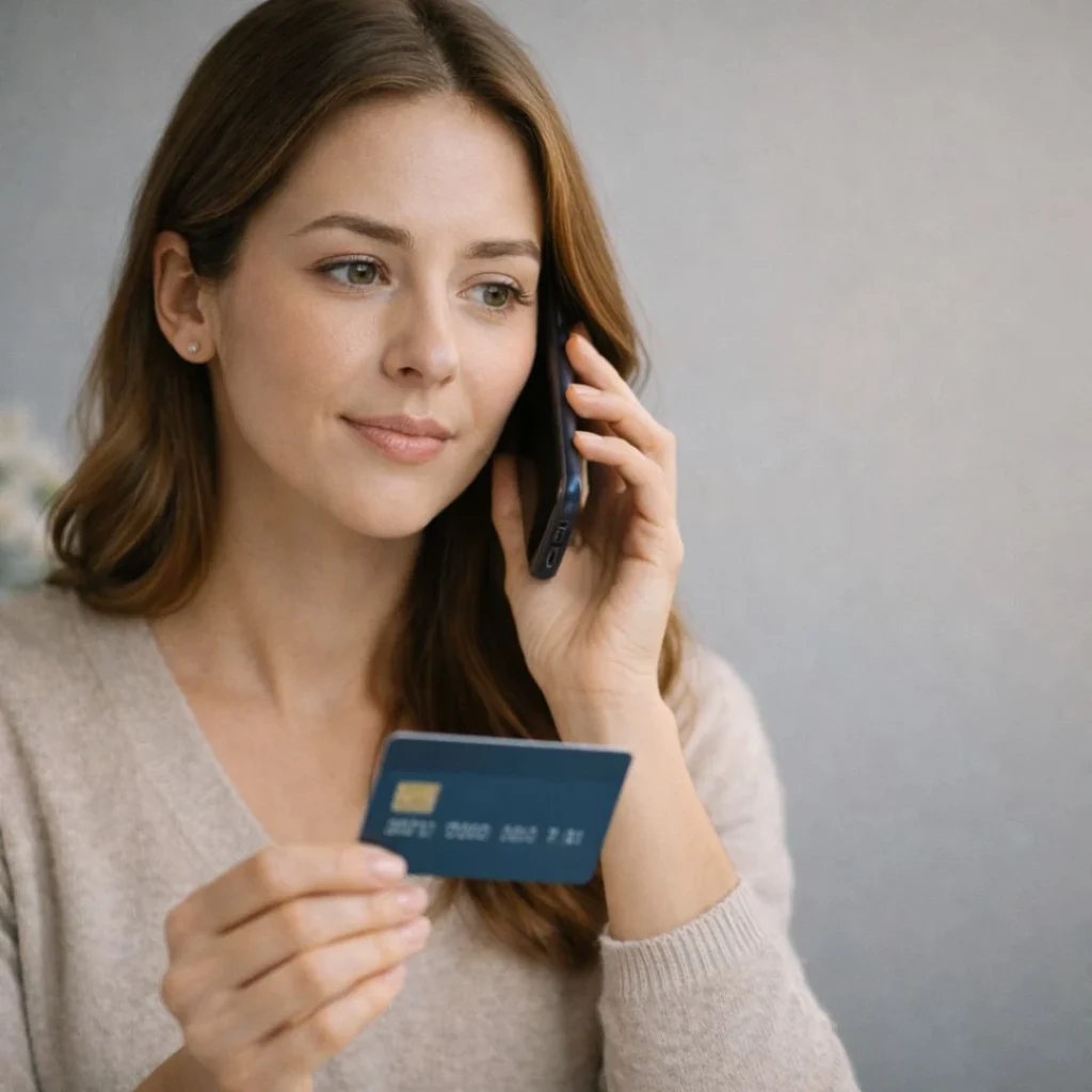Woman calling her bank to dispute an unrecognized credit card charge and request assistance
