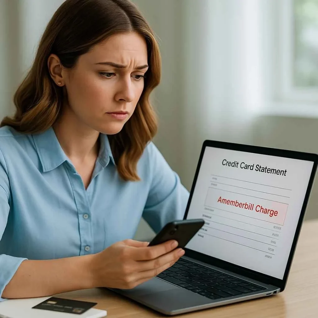 American woman reviewing her credit card statement on a laptop showing an unexpected Amemberbill charge highlighted in red.