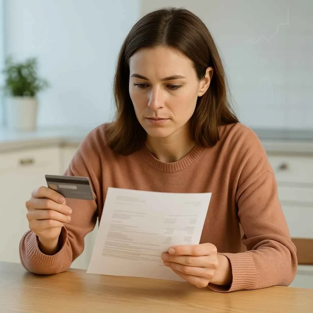 American woman reviewing her credit card statement to verify an unfamiliar DISVAU XYZ charge