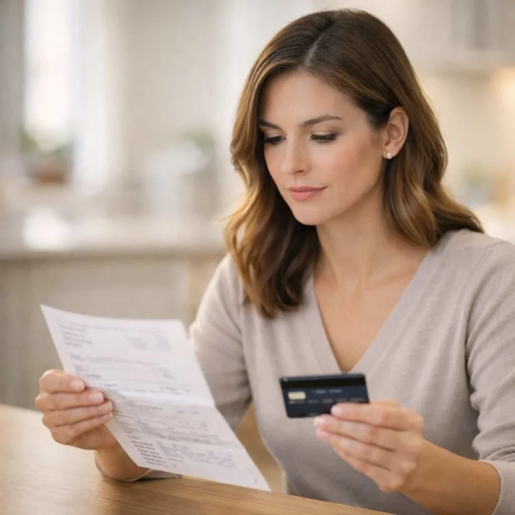Woman calmly reviewing a credit card statement to verify a Rivelz charge