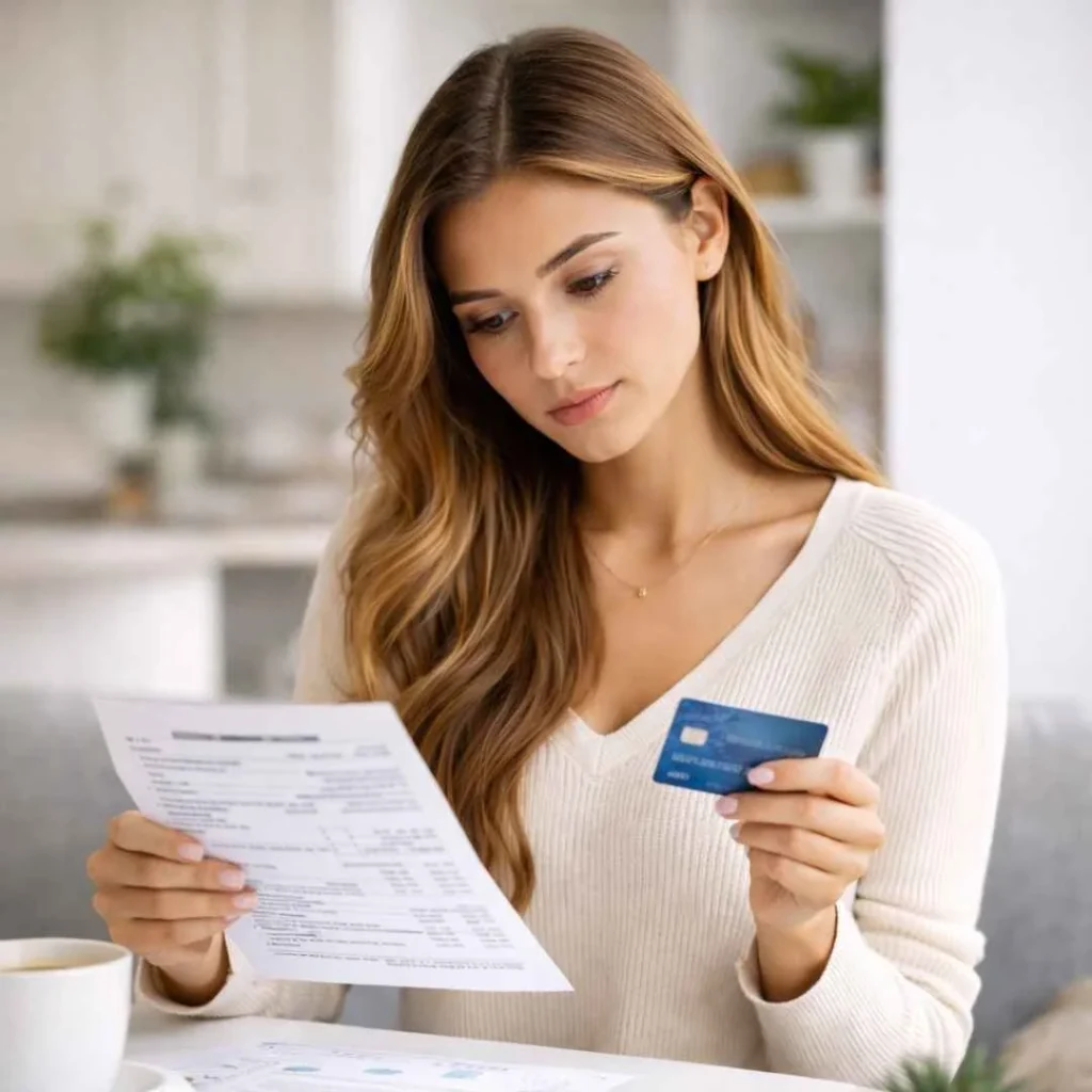 Woman checking credit card statement for an unrecognized MoonyCozy charge