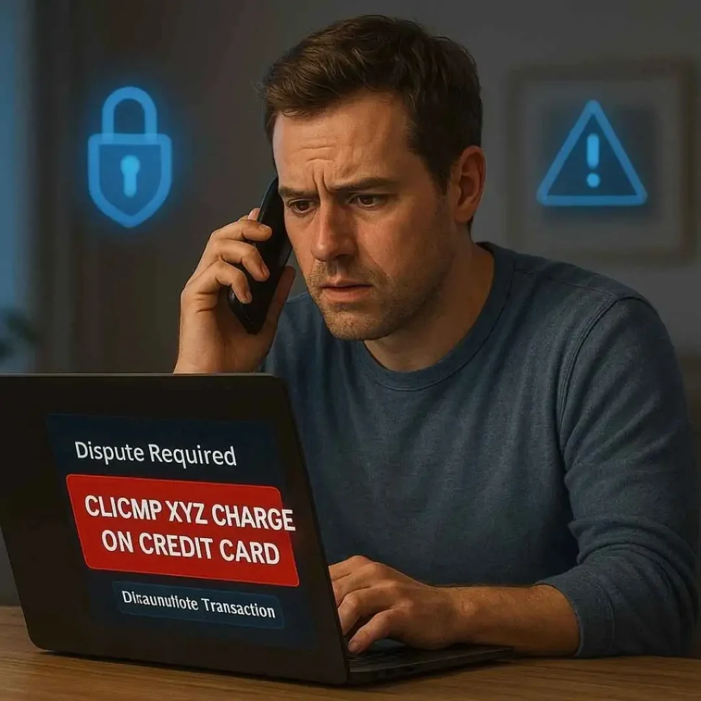American man calling his bank after seeing the clicmp xyz charge on credit card on his laptop screen.
