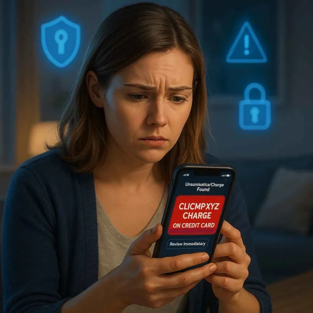 American woman staring at her phone showing a fraud alert for the clicmp xyz charge on credit card.
