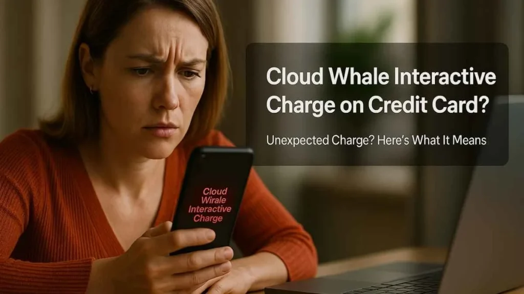 Worried American woman checking her phone showing a Cloud Whale Interactive charge on her credit card, with a fintech-style home office background.