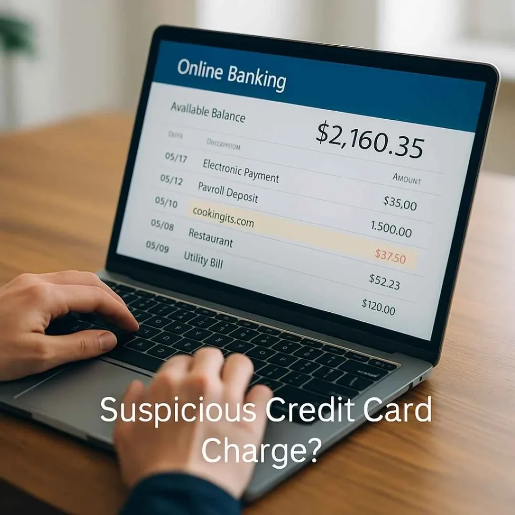 Hands checking a laptop screen showing a suspicious cookingits.com credit card charge in online banking.