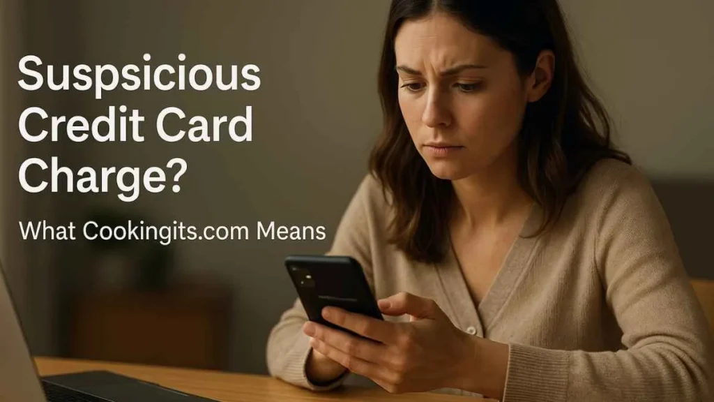 American woman looking concerned while checking a suspicious cookingits.com credit card charge on her smartphone.