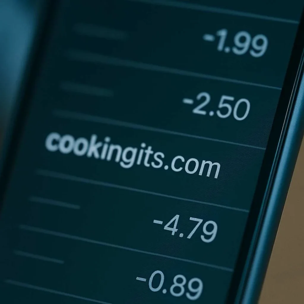 Close-up of smartphone showing small test charges including a cookingits.com transaction.