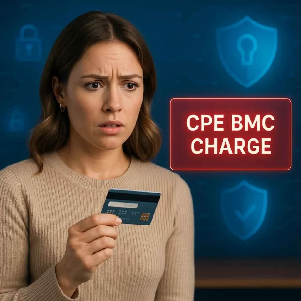 Anxious woman holding credit card while a holographic warning shows CPE BMC charge fraud alert