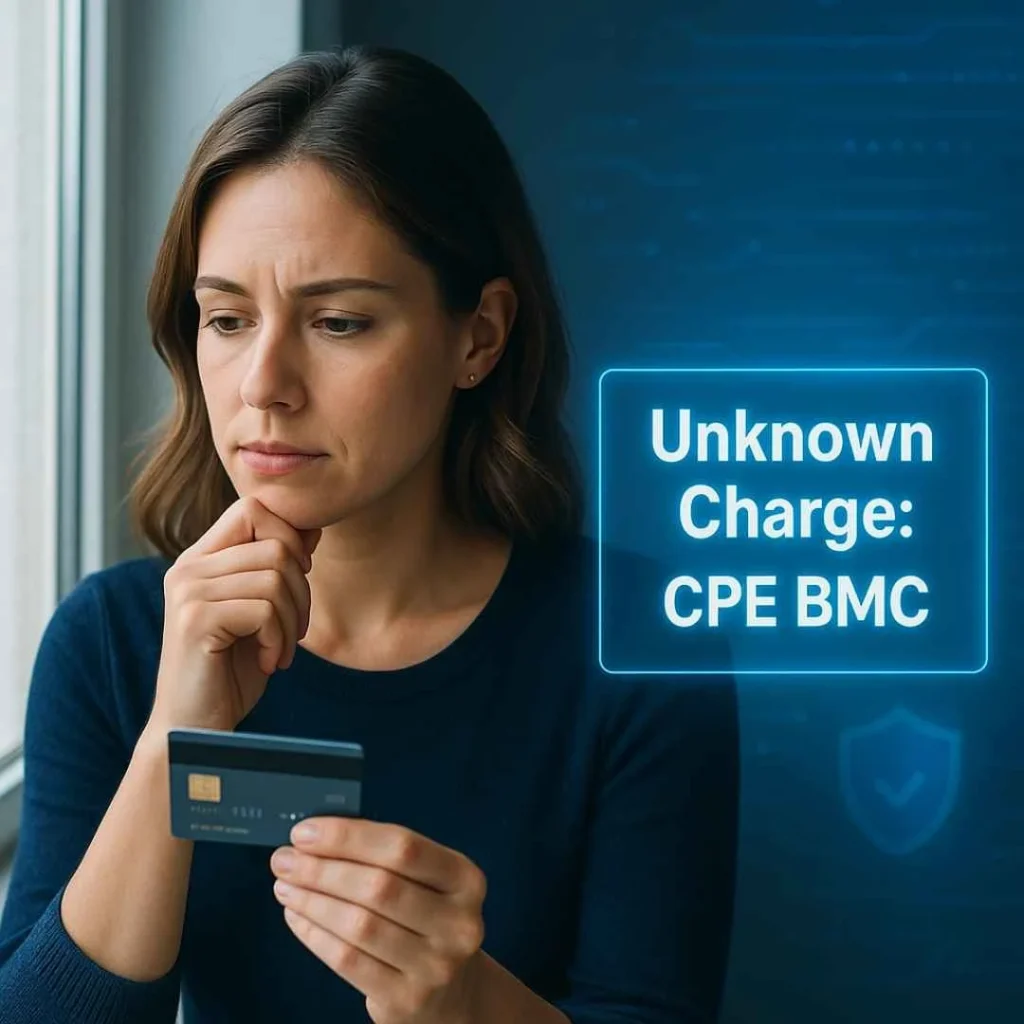 Woman reviewing her credit card after seeing an unknown CPE BMC charge notification