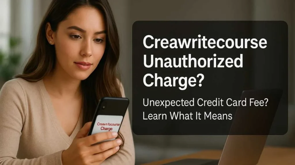 Concerned American woman reviewing a suspicious Creawritecourse unauthorized charge on her credit card displayed on her smartphone.