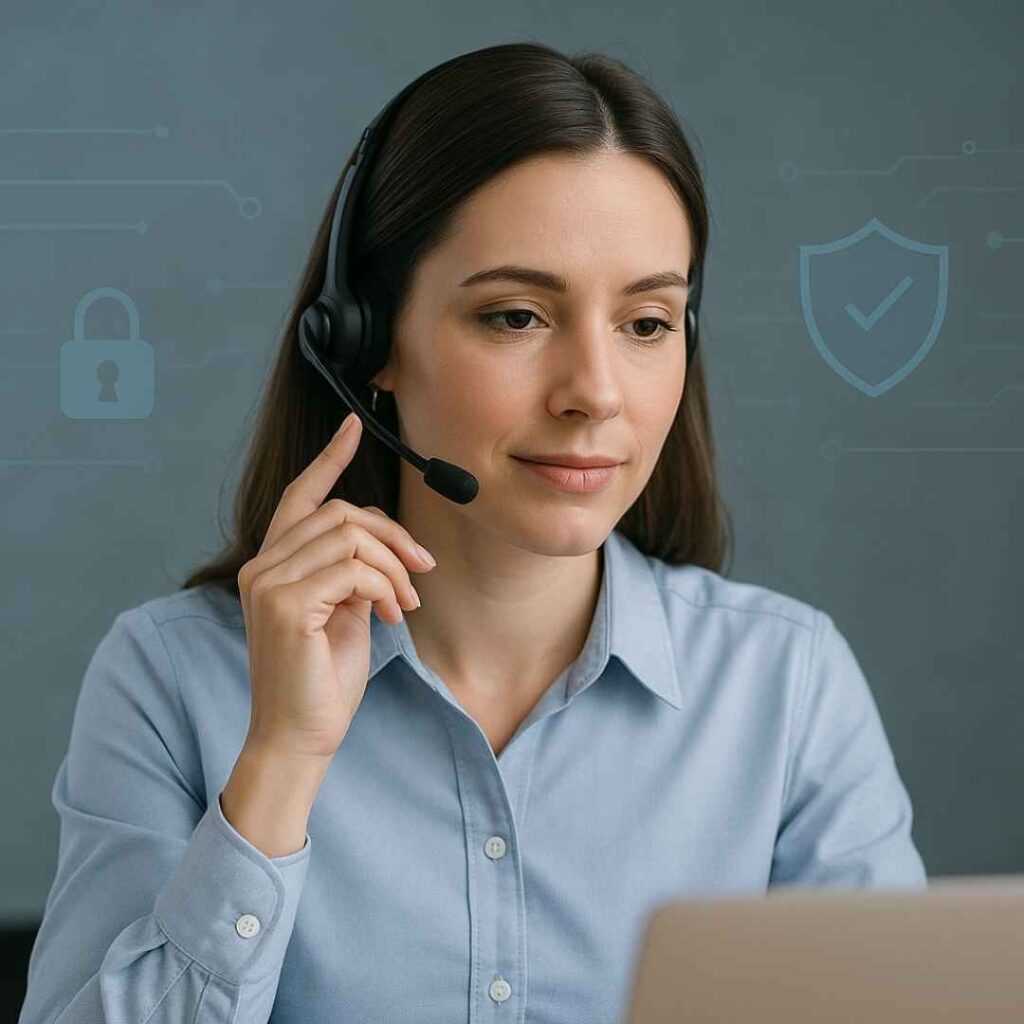 Customer service agent speaking on a headset, helping a user dispute a suspicious credit card charge with a soft cybersecurity-themed background.