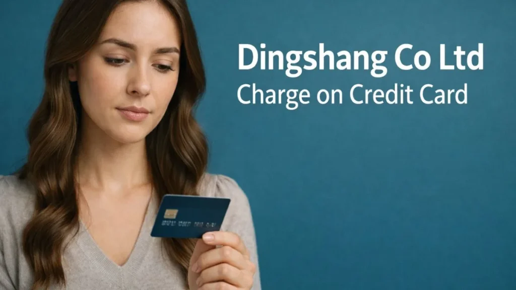 Woman reviewing a Dingshang Co Ltd charge on her credit card with concern, representing an unfamiliar credit card transaction