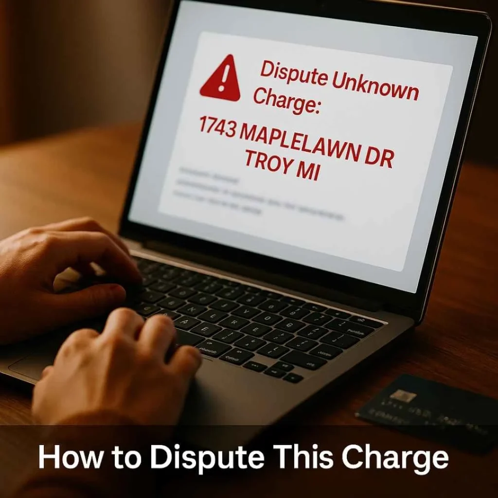 A person typing a dispute message on a laptop regarding the 1743 Maplelawn Dr Troy MI credit card charge, with a credit card placed beside the computer.