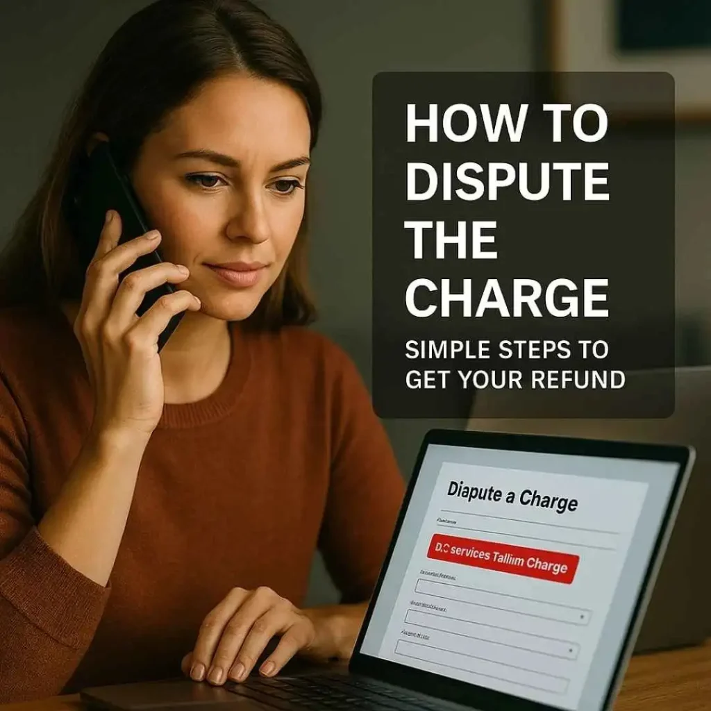 American woman calling her bank while viewing a dispute form for a B2 Services Tallinn charge on her laptop.