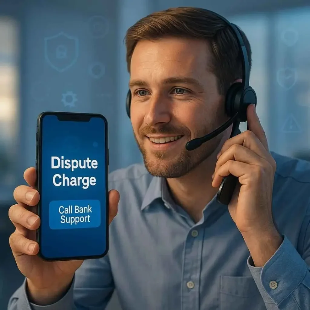 Customer calling U.S. bank support to dispute an unauthorized Botwiswe charge on her credit card.