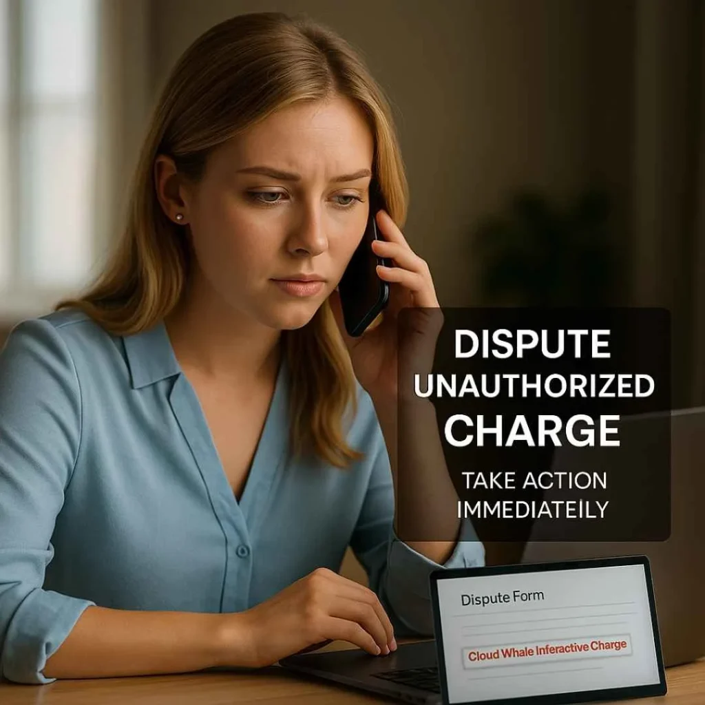 Young American woman calling her bank to dispute a Cloud Whale Interactive charge, with a laptop showing the highlighted dispute form.