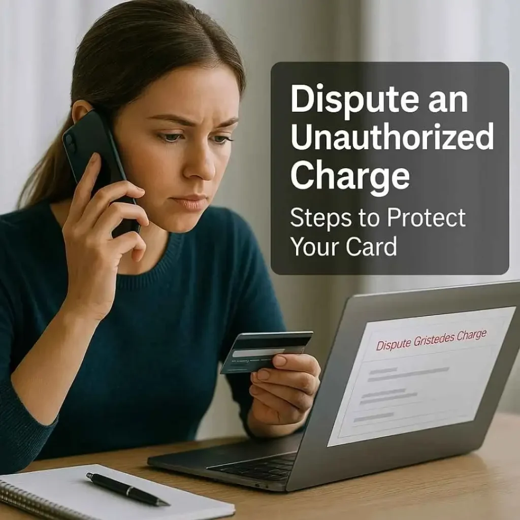 A young American woman calling her bank while holding a credit card and viewing a “Dispute Gristedes Charge” form on her laptop, with a text box that reads “Dispute an Unauthorized Charge – Steps to Protect Your Card.