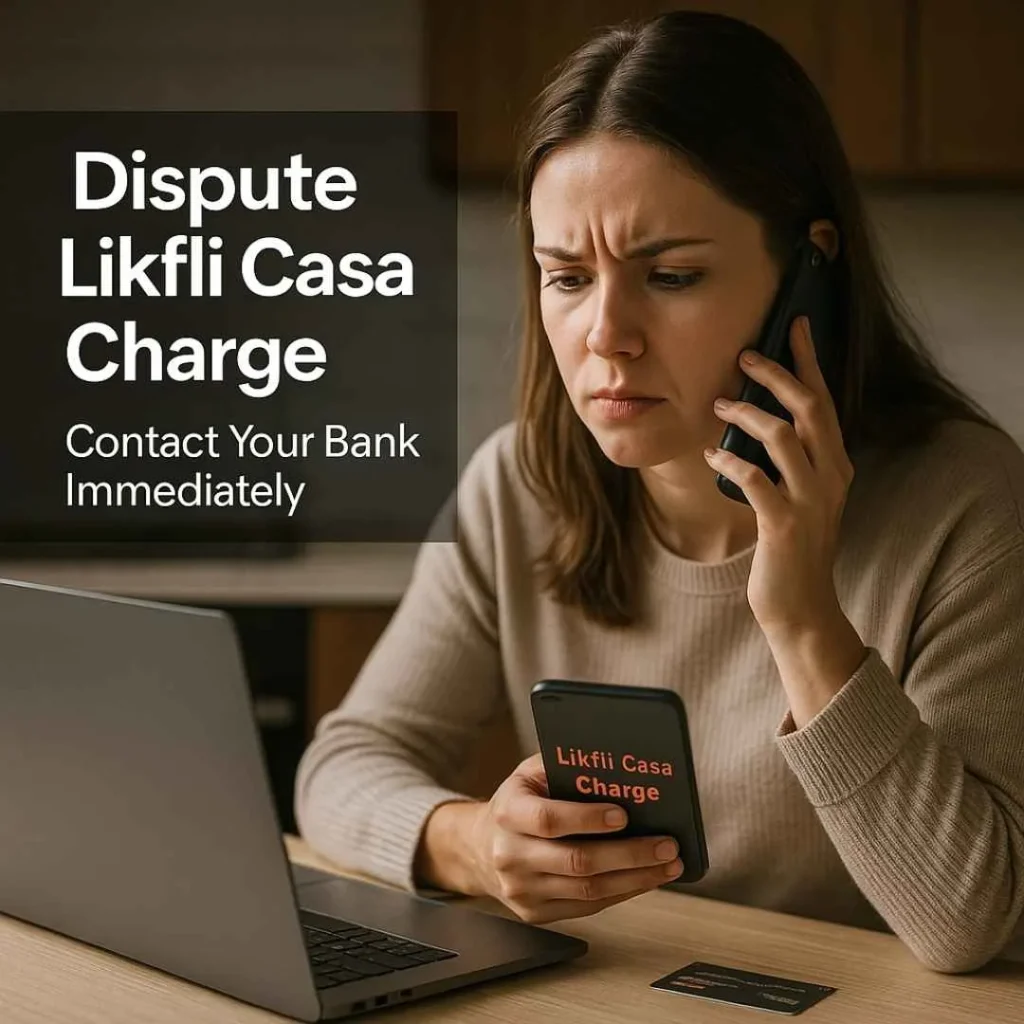 American woman calling her bank after seeing a suspicious Likfli Casa charge on her credit card statement displayed on her laptop.
