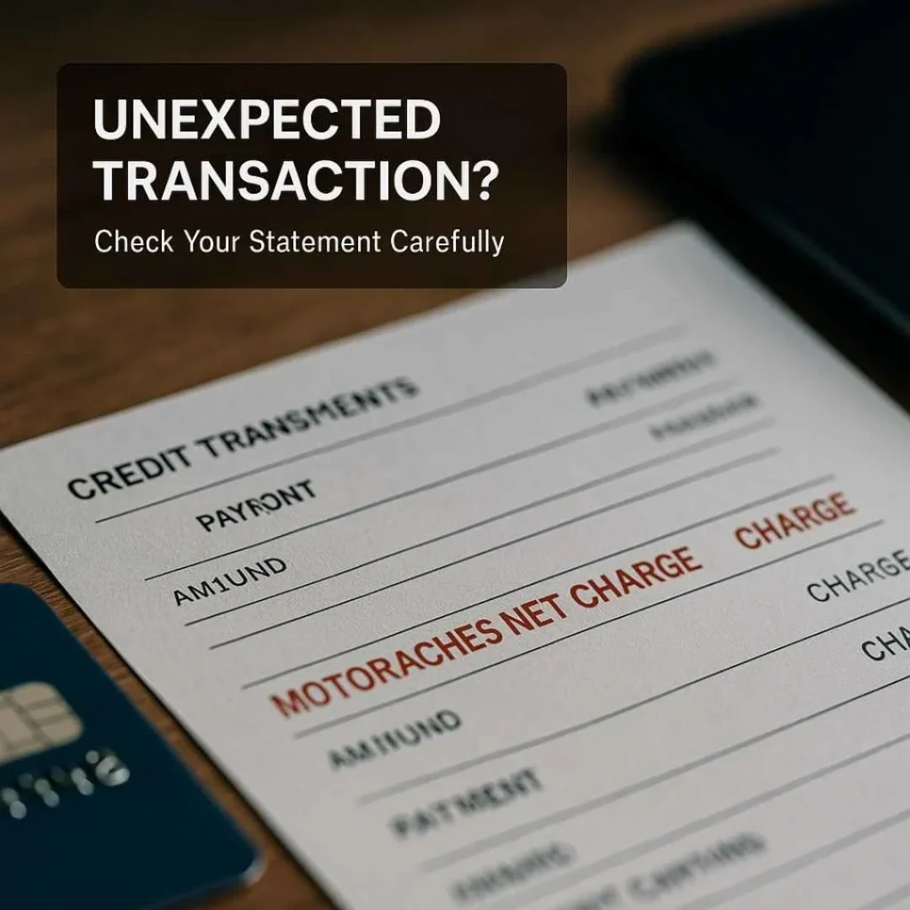 A highlighted Motoraches net charge displayed on a credit card statement, showing how unauthorized transactions appear for U.S. cardholders