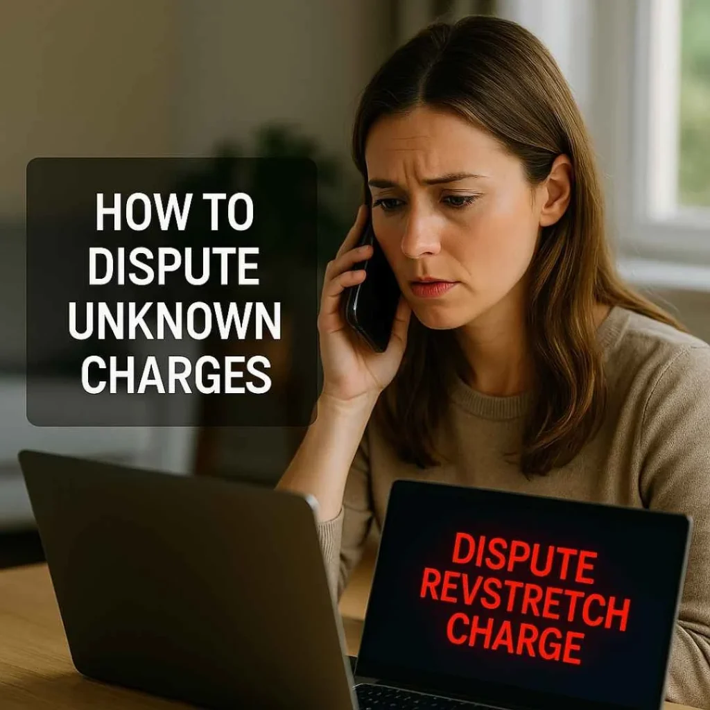 American woman calling her bank to dispute an unfamiliar Revstretch charge, with a laptop showing a dispute alert screen.