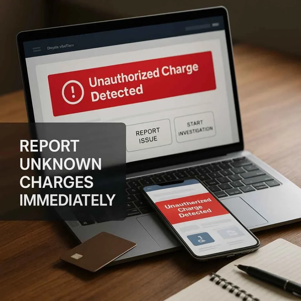 Laptop showing a digital banking dispute interface for reporting an unauthorized WICFT TOP charge, with credit card and notebook on desk