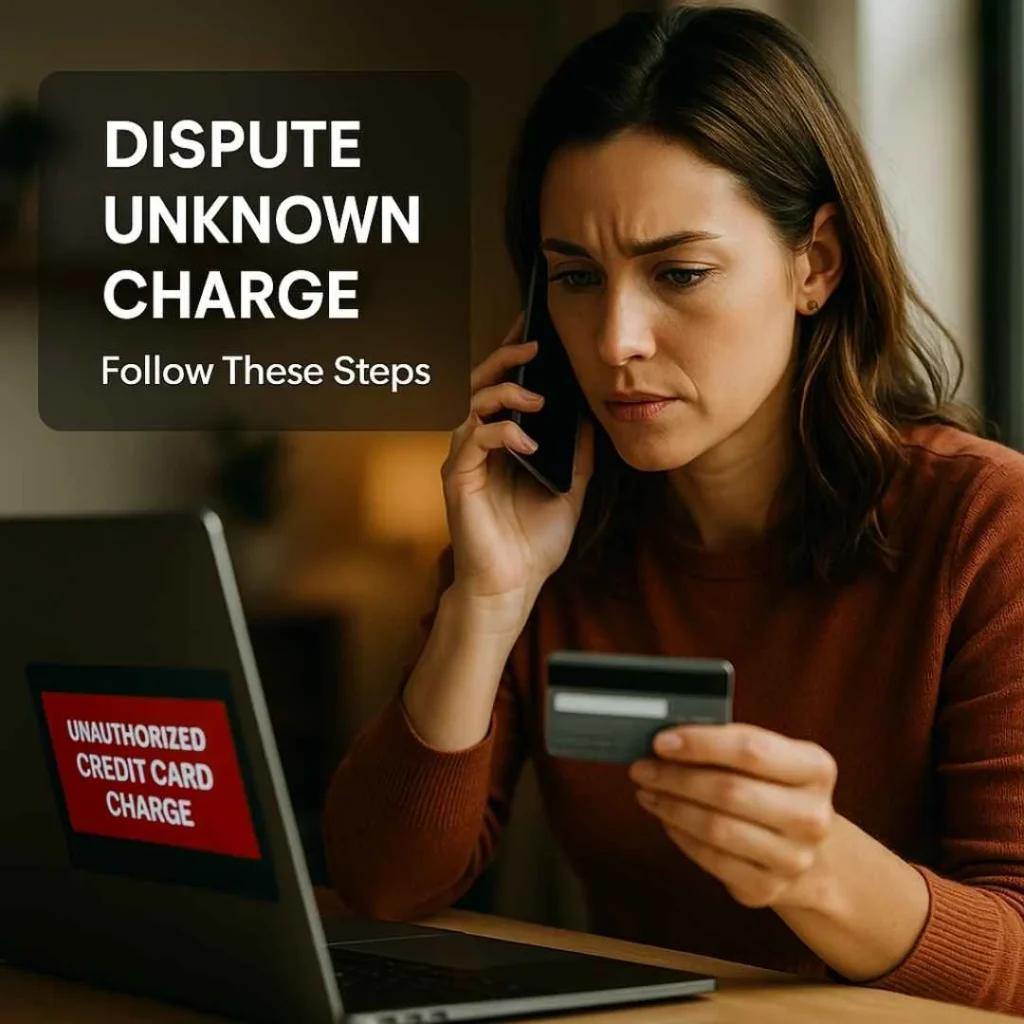 American woman calling her bank to dispute an unauthorized credit card charge, with a laptop showing a warning alert.