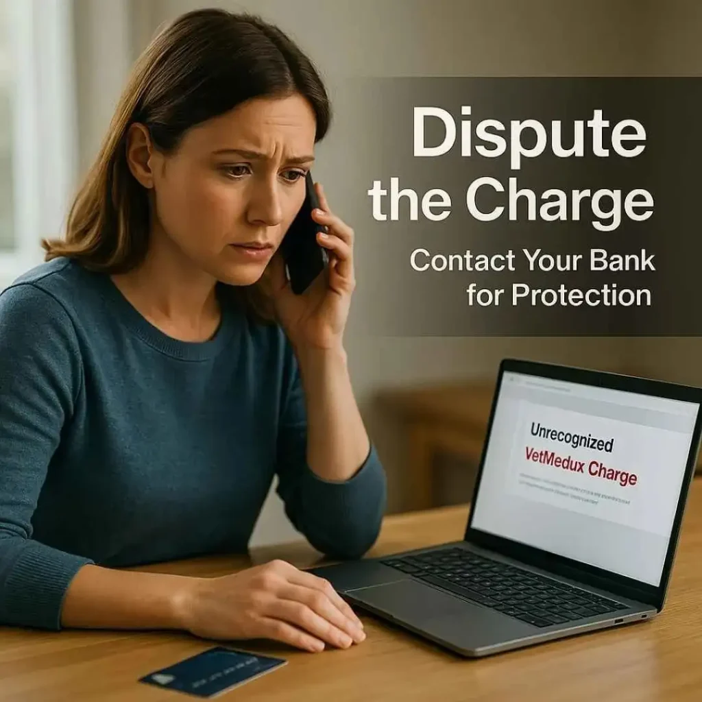 American woman calling her bank to dispute an unrecognized VetMedux credit card charge shown on her laptop.