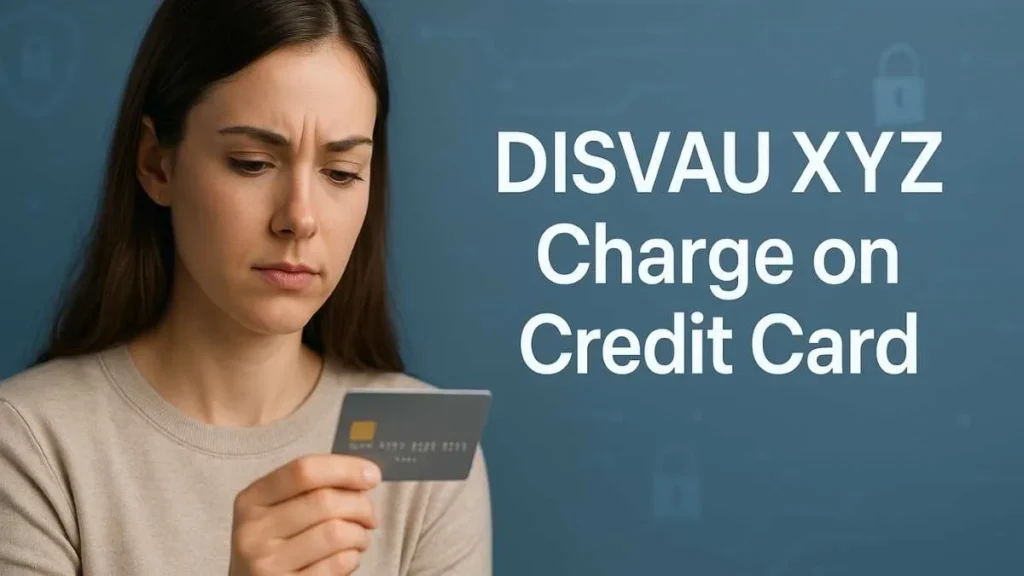Thoughtful American woman holding a credit card while reviewing an unfamiliar DISVAU XYZ charge on her credit card statement