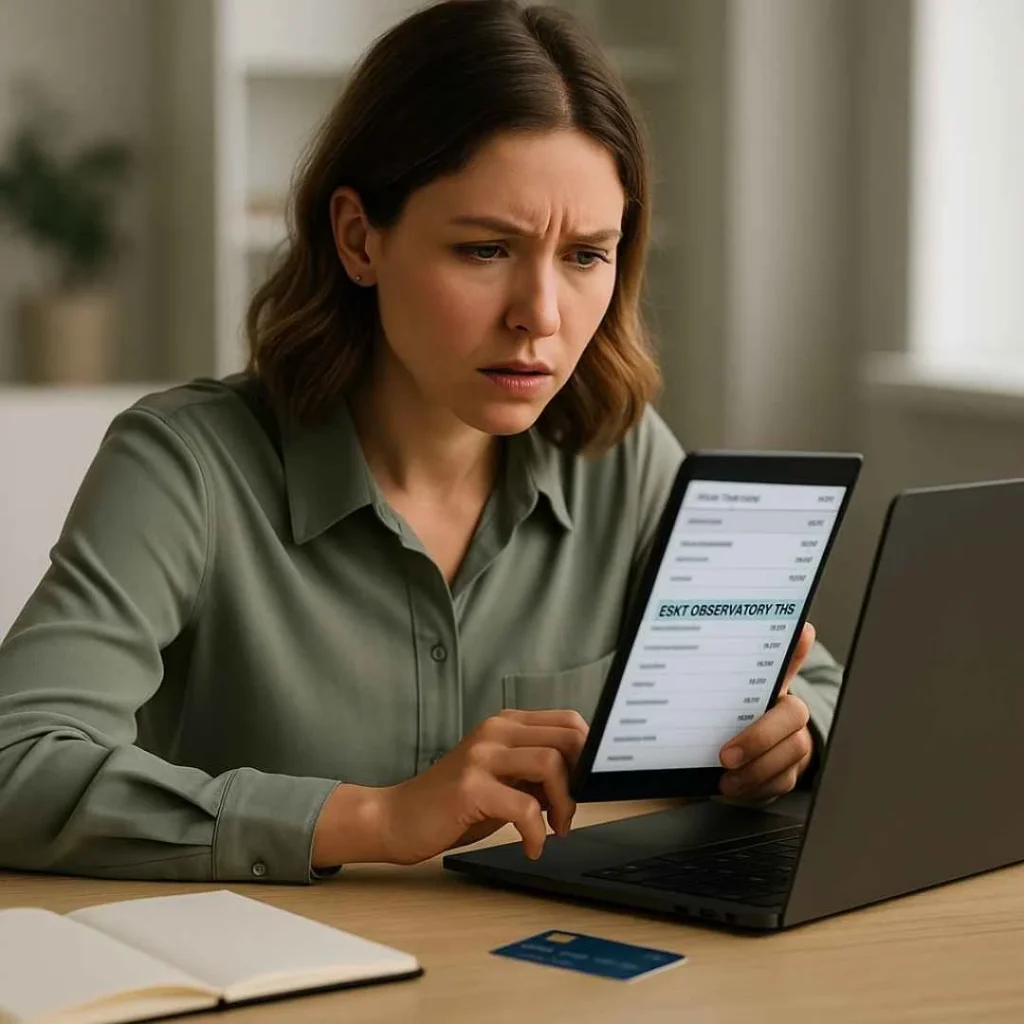American woman reviewing her laptop showing an ESRT Observatory TRS charge on her credit card statement.