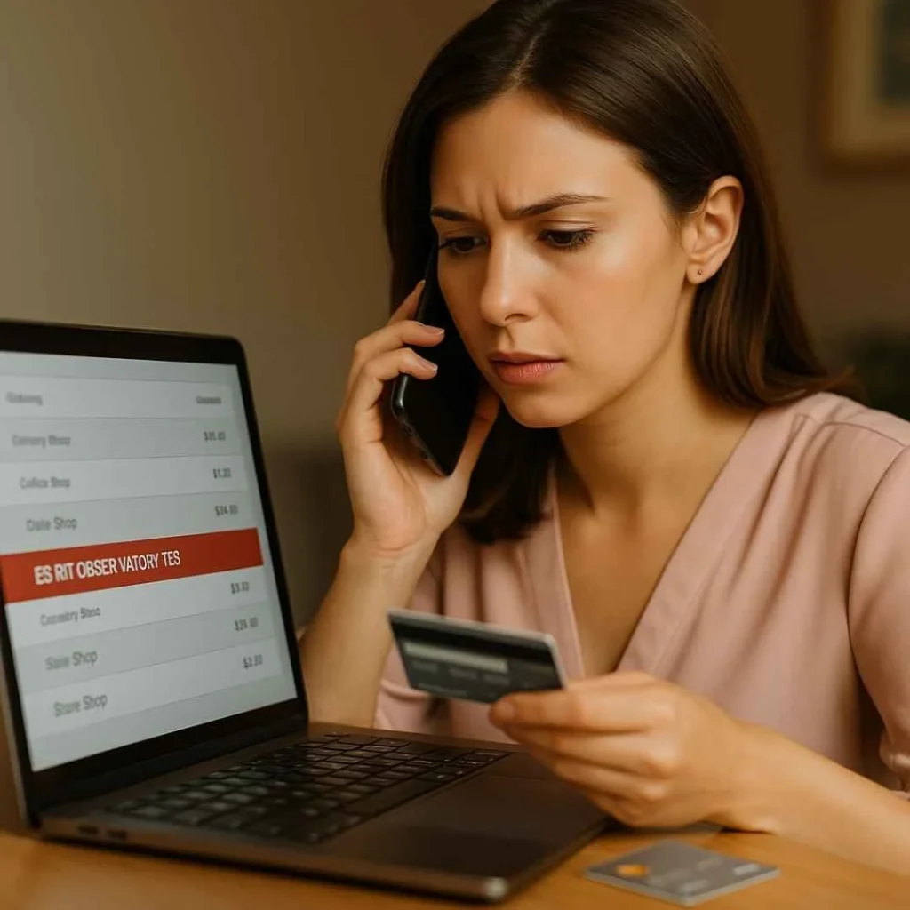 Woman calling her bank to dispute an ESRT Observatory TRS charge on her credit card