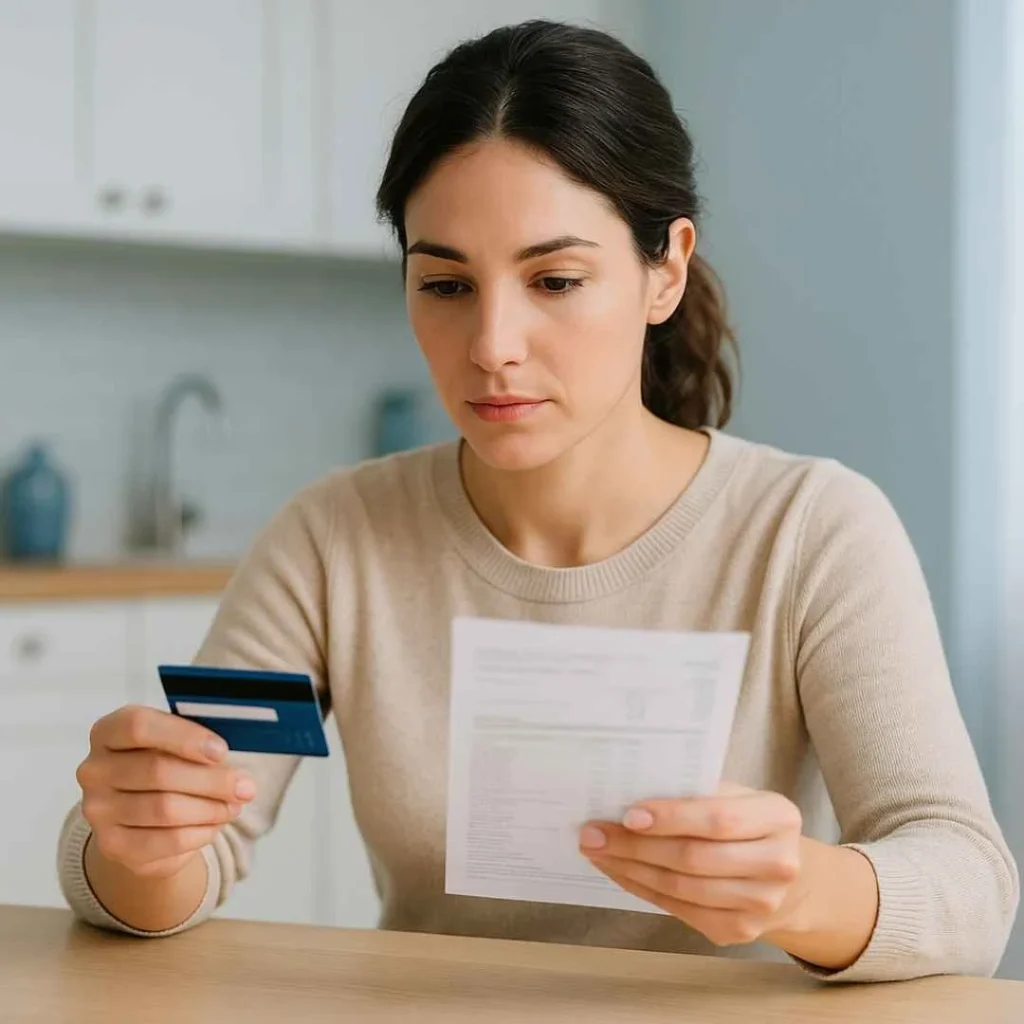 Woman reviewing a credit card statement to verify an FMG Addins charge
