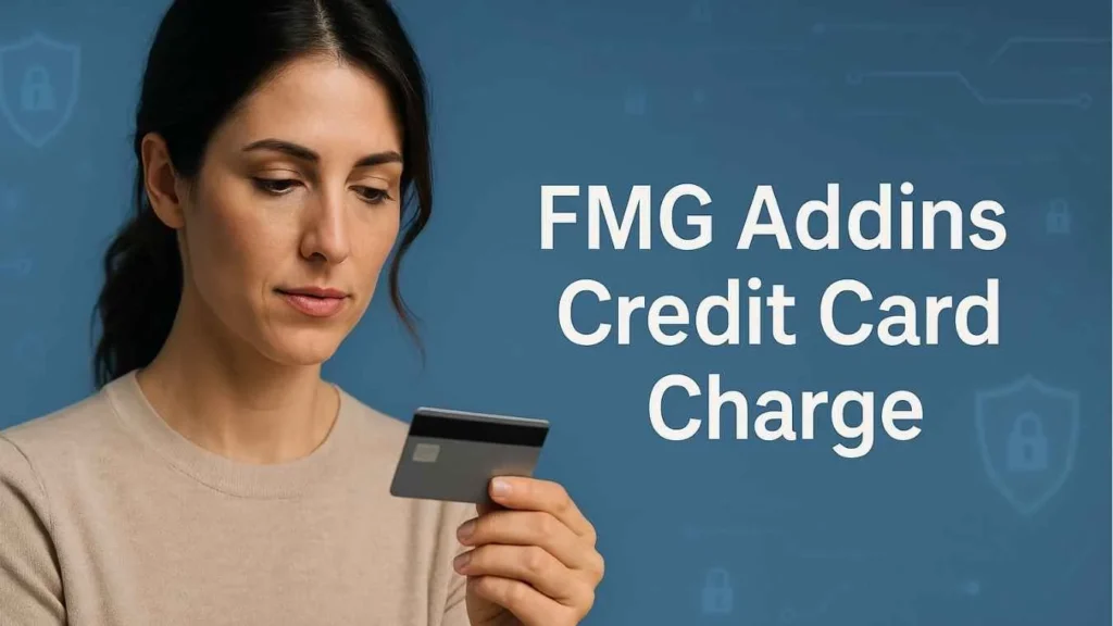 American woman holding a credit card and reviewing an FMG Addins credit card charge with concern