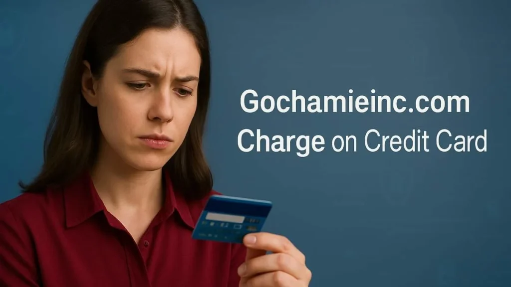 American woman reviewing her credit card after noticing a Gochamieinc.com charge on credit card