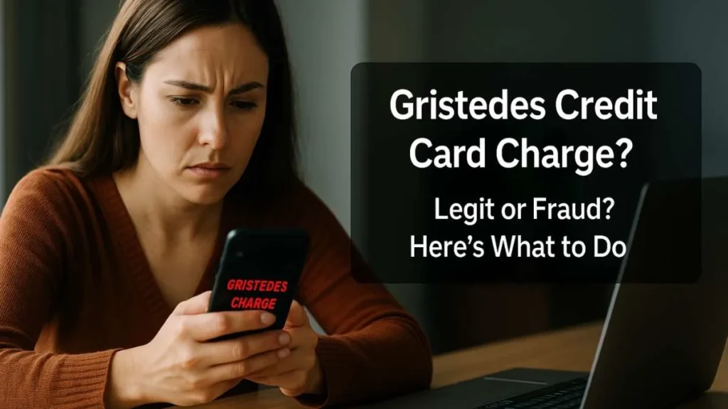 Alt: Concerned American woman looking at her smartphone showing a suspicious “Gristedes Charge,” with a laptop and credit card on the desk and a text box reading “Gristedes Credit Card Charge? Legit or Fraud? Here’s What to Do.