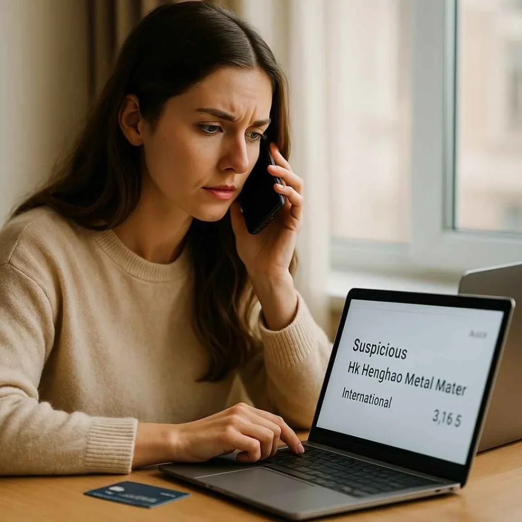 American woman calling her bank about a suspicious HK Henghao Metal Mater charge on her credit card.