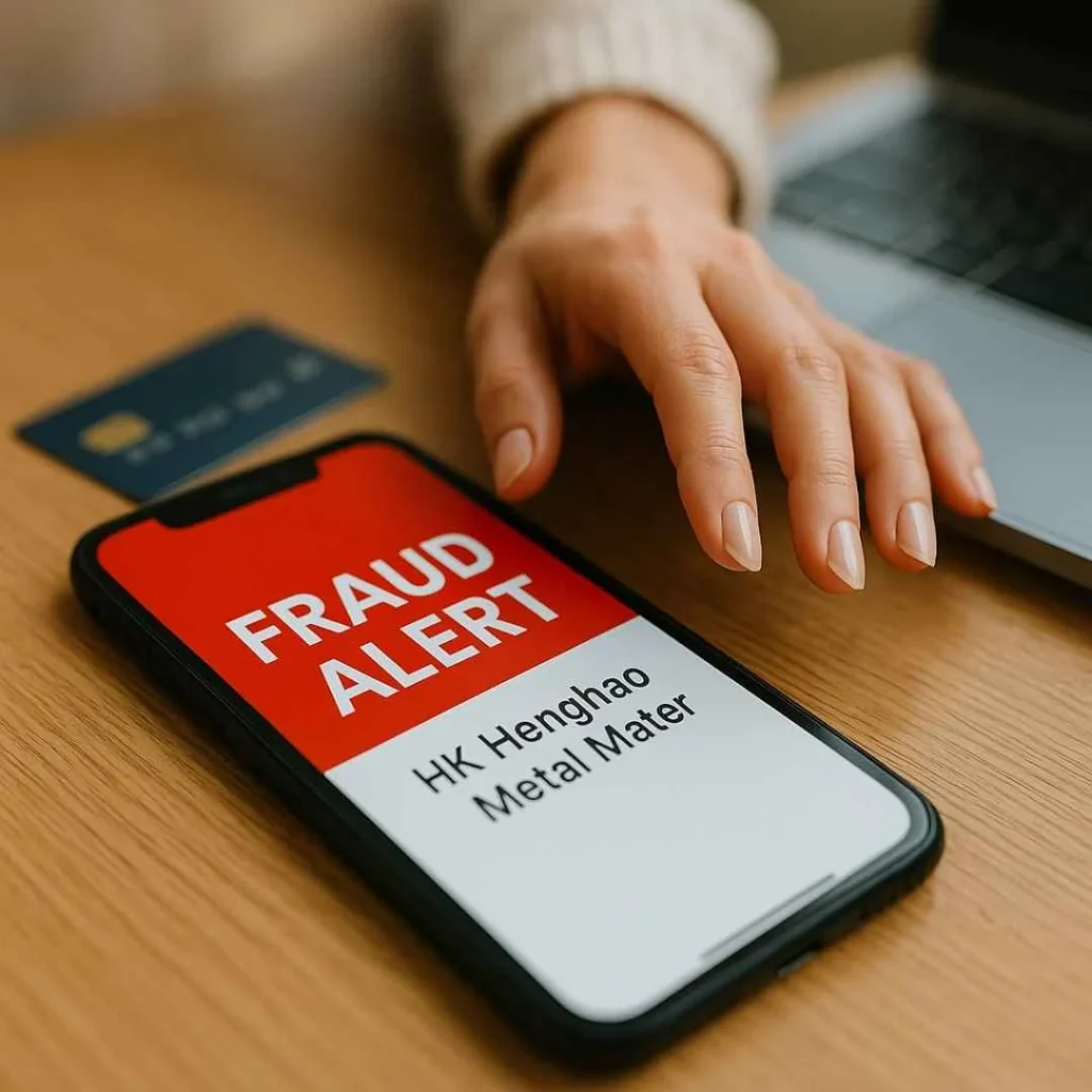 Phone showing a fraud alert for the HK Henghao Metal Mater charge with a credit card on the desk.