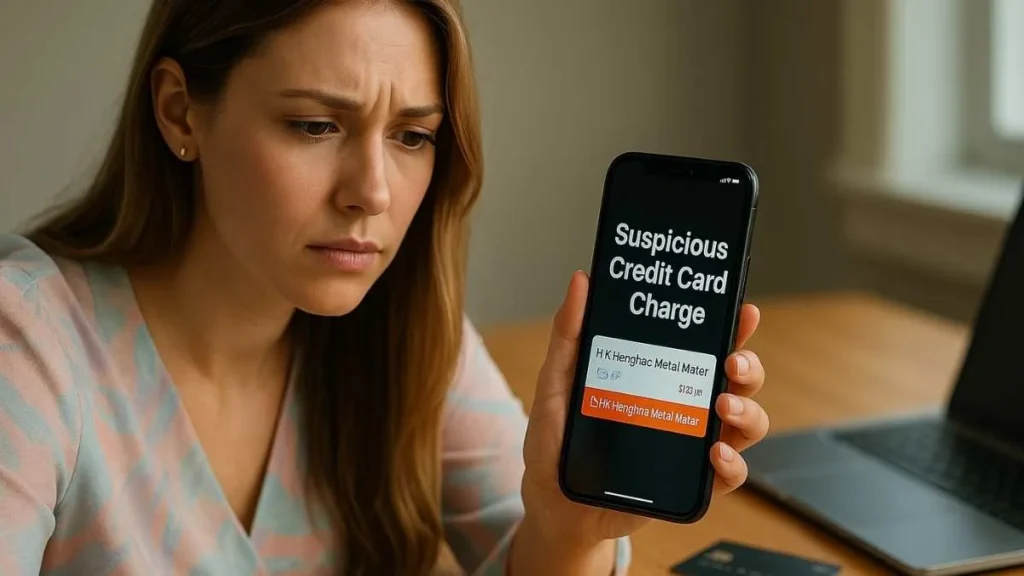 American woman checking her smartphone showing a suspicious credit card charge labeled HK Henghao Metal Mater.
