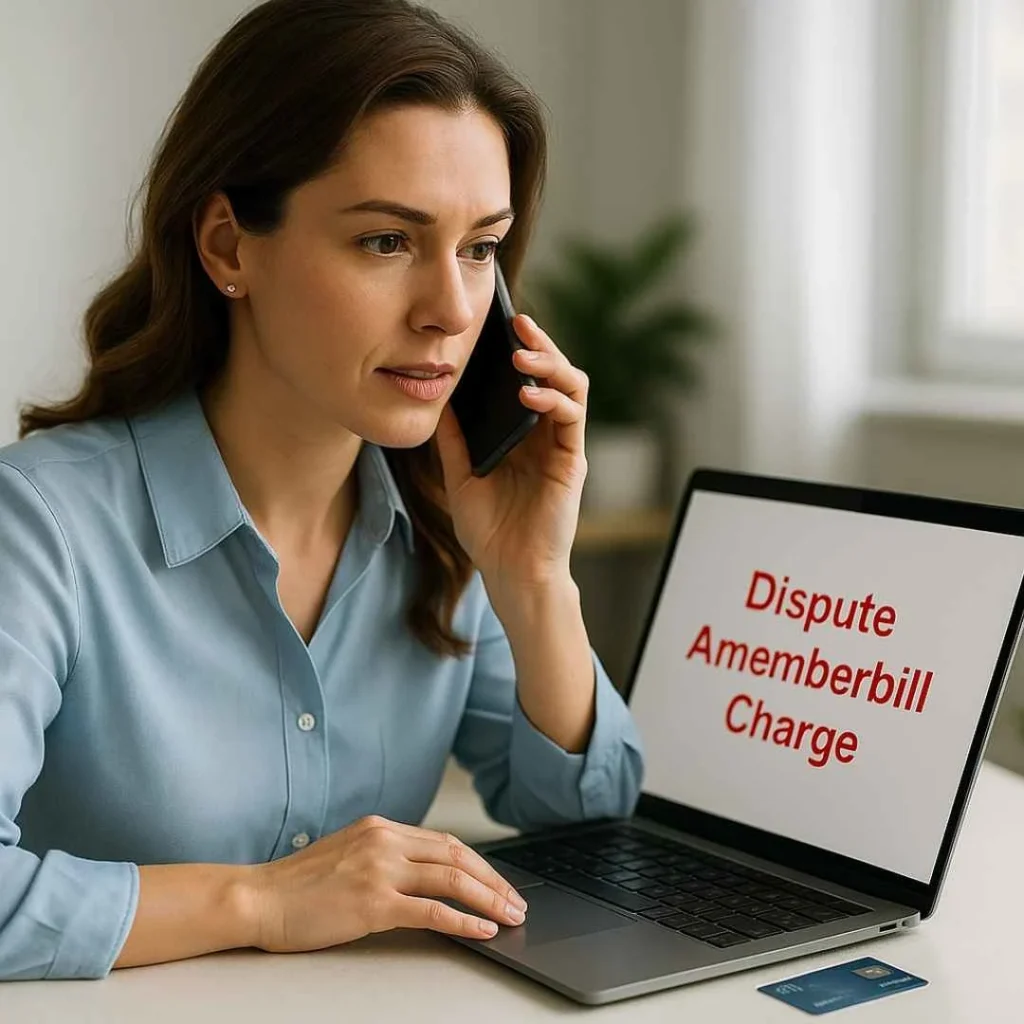 American woman calling her bank to dispute an unauthorized Amemberbill charge on her credit card while reviewing details on her laptop.
