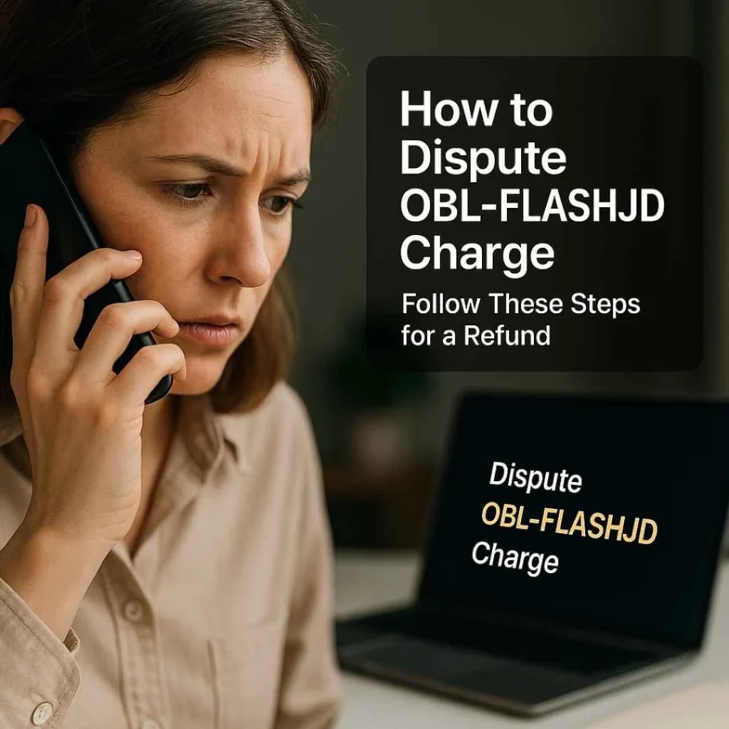 American woman calling her bank to dispute an unauthorized OBL-FLASHJD charge shown on her laptop screen.