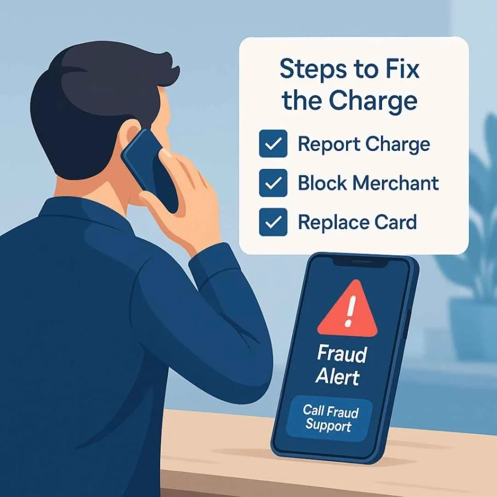 Customer calling bank fraud support with a checklist showing steps to dispute an unauthorized Astotrs.me charge.