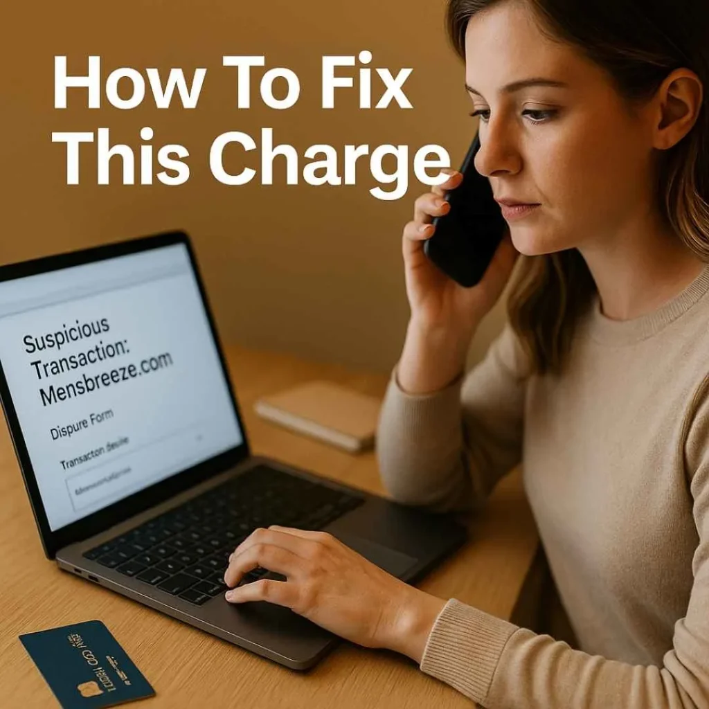 Woman contacting her bank and filling out a dispute form for a suspicious Mensbreeze.com charge on her laptop, with text “How To Fix This Charge.”
