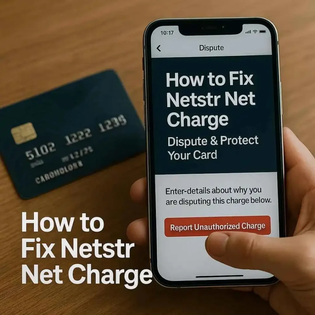Phone showing a bank dispute form for unauthorized Netstr Net charge on credit card with a hand tapping report button.