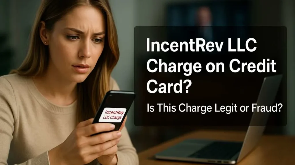 Worried American woman checking an unfamiliar IncentRev LLC charge on her credit card displayed on her smartphone.
