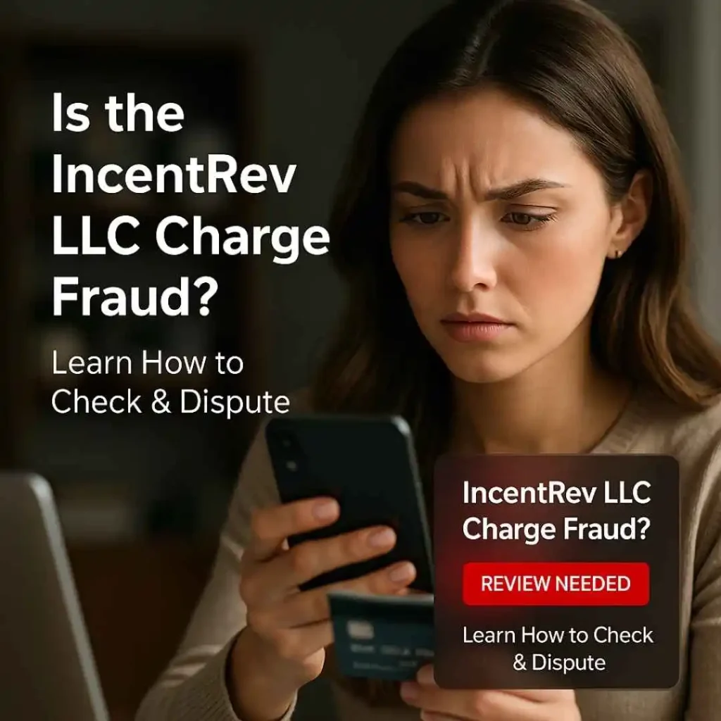 Concerned American woman reviewing a suspicious IncentRev LLC charge alert on her smartphone while holding her credit card.