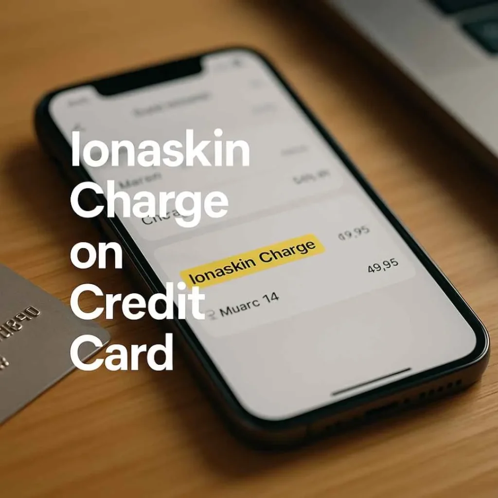 Close-up smartphone screen showing a highlighted Ionaskin charge on a credit card statement with a credit card beside it on a wooden desk.