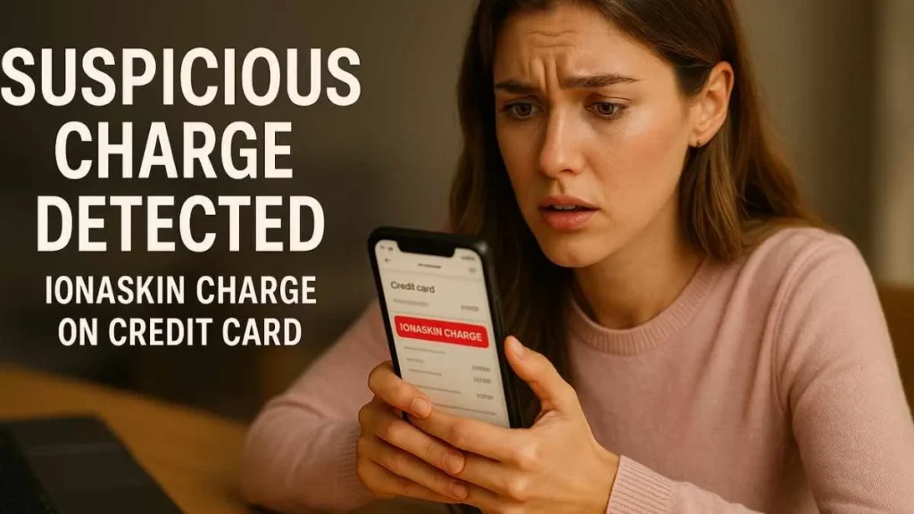 A worried American woman checking her smartphone showing an Ionaskin charge on her credit card statement, with text saying Suspicious Charge Detected