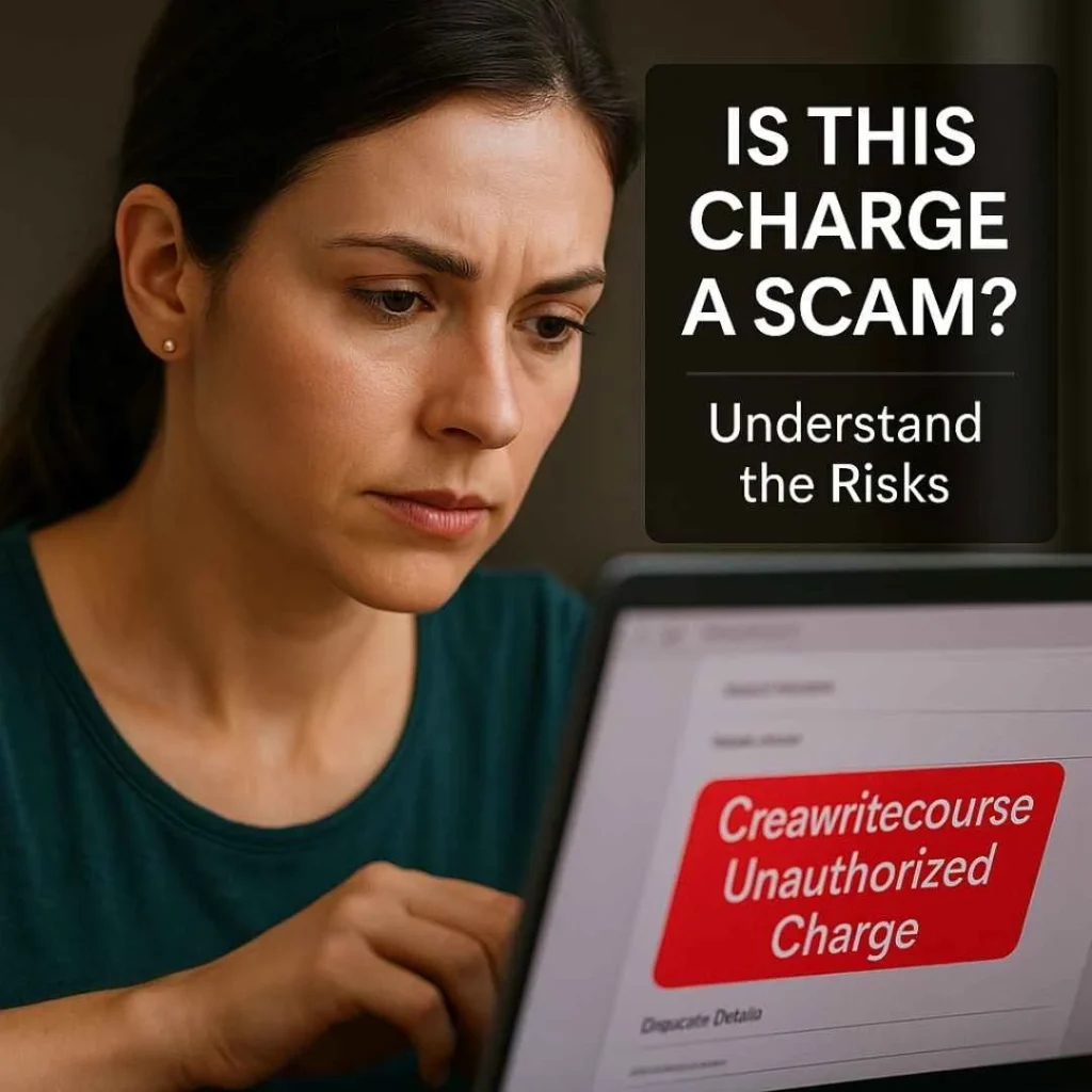 American woman reviewing her laptop showing a suspicious Creawritecourse charge highlighted in red, questioning if it is a scam.