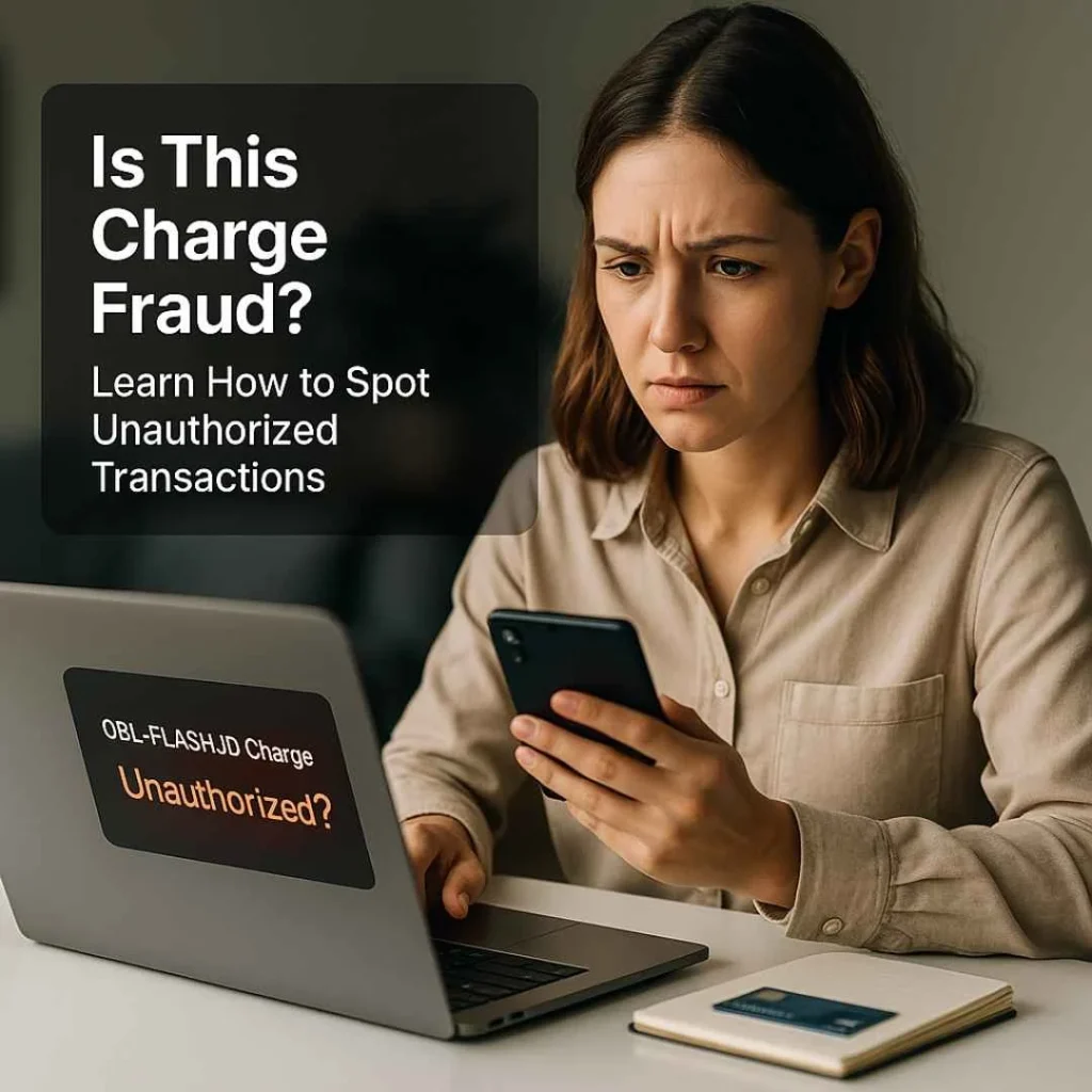 American man reviewing a suspicious OBL-FLASHJD charge on his laptop, analyzing whether the credit card transaction is fraudulent.