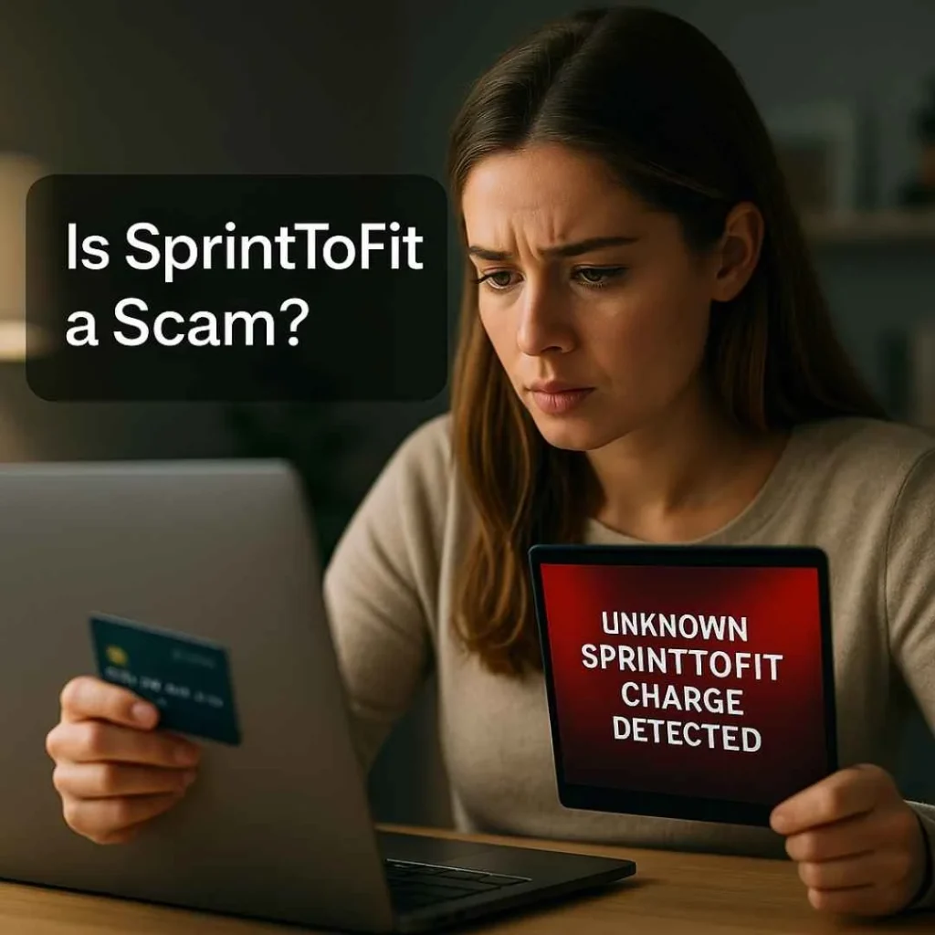 A worried American woman holding her credit card while viewing an unknown SprintToFit charge alert on her laptop screen.

