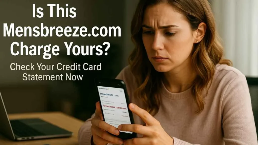 A concerned woman checking her smartphone for an unexpected Mensbreeze.com charge on her credit card statement, with text asking “Is This Mensbreeze.com Charge Yours?”